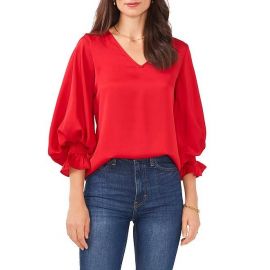 V-Neck Long Sleeve Smocked Cuff Blouse-VINCE CAMUTO