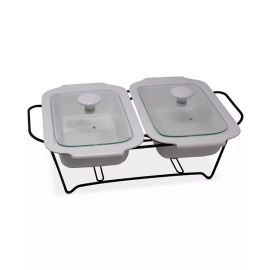SEDONA Twin Ceramic Chafing Casserole Servers with Glass Lids & Rack - White