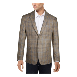 TOMMY HILFIGER Men's Taupe/Blue Single Breasted, Plaid Classic Fit Blazer 