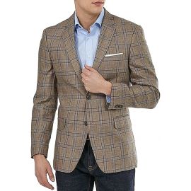 Tommy Hilfiger Men's Beige Single Breasted, Plaid Blazer Jacket 