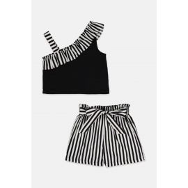 Rare Editions Toddlers Girl Stripe One Shoulder Shorts Set - Black and White