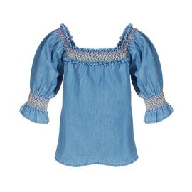 First Impressions | Light Wash Smocked Denim Puff-Sleeve Top