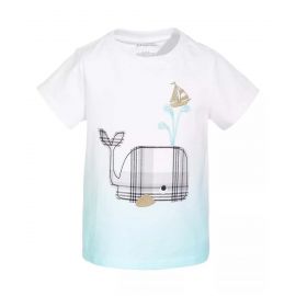 First Impressions| Bright White & Blue Ombre Plaid-Whale Tee 